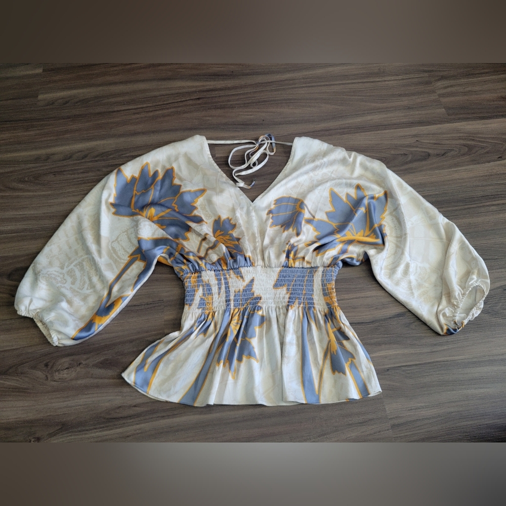White House Black Market Cream and Blue Floral Blouse